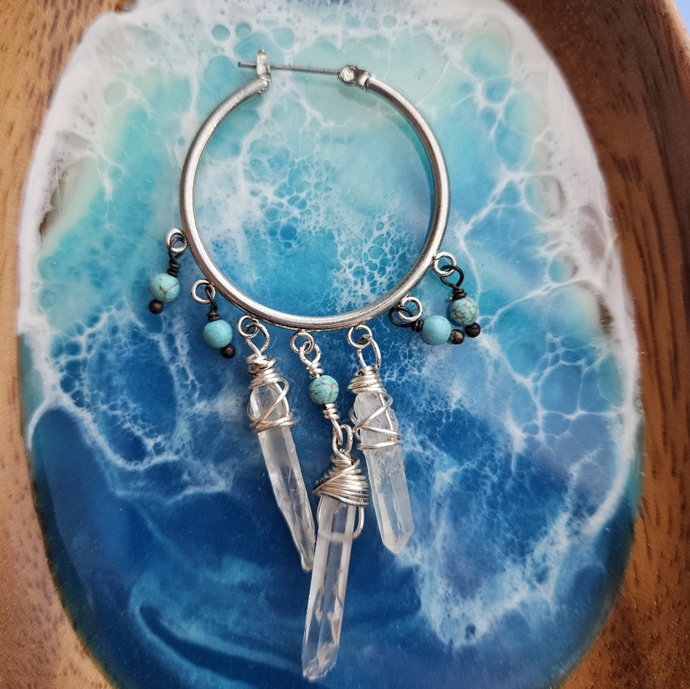 Handmade Quartz Crystal Drop Hoop Earrings